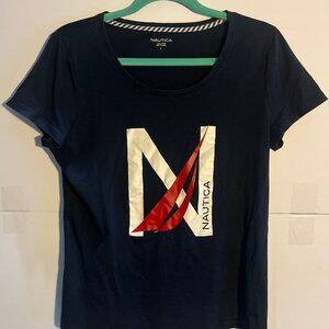 Nautica Women’s Large Logo T-Shirt Navy Blue Red White Stripe Casual Streetwear